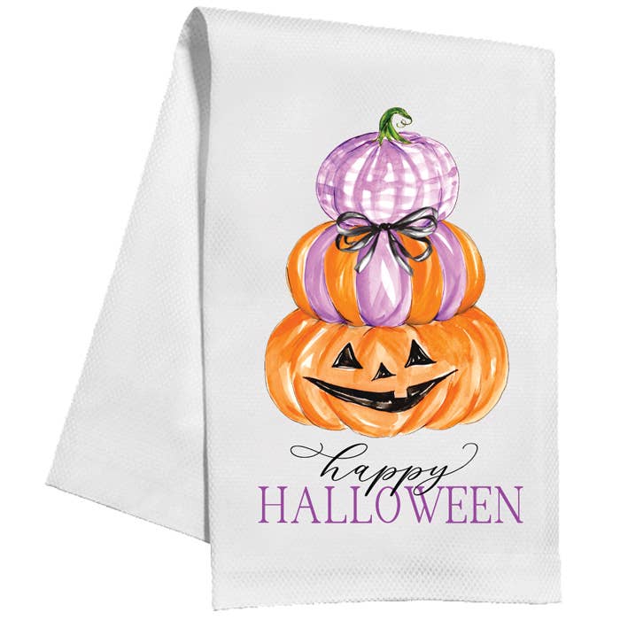 Happy Halloween Purple & Orange Pumpkin Stack Kitchen Towel