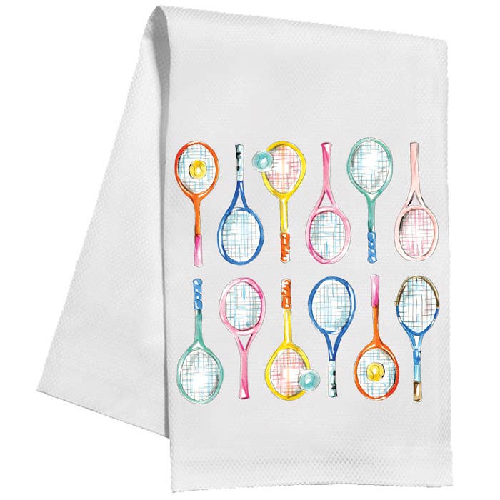 Colorful Tennis Raquets and Tennis Balls Kitchen Towel