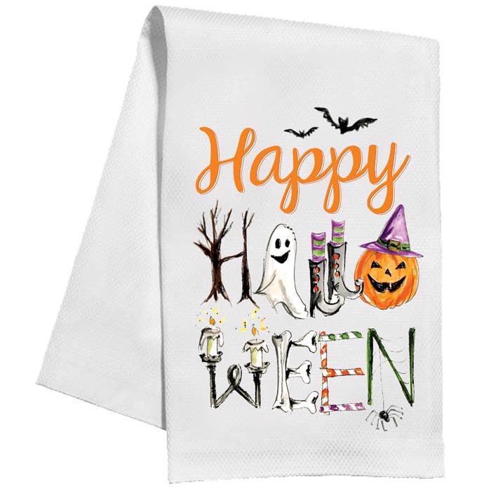Happy Halloween Spelled Out with Spooky Icons Kitchen Towel