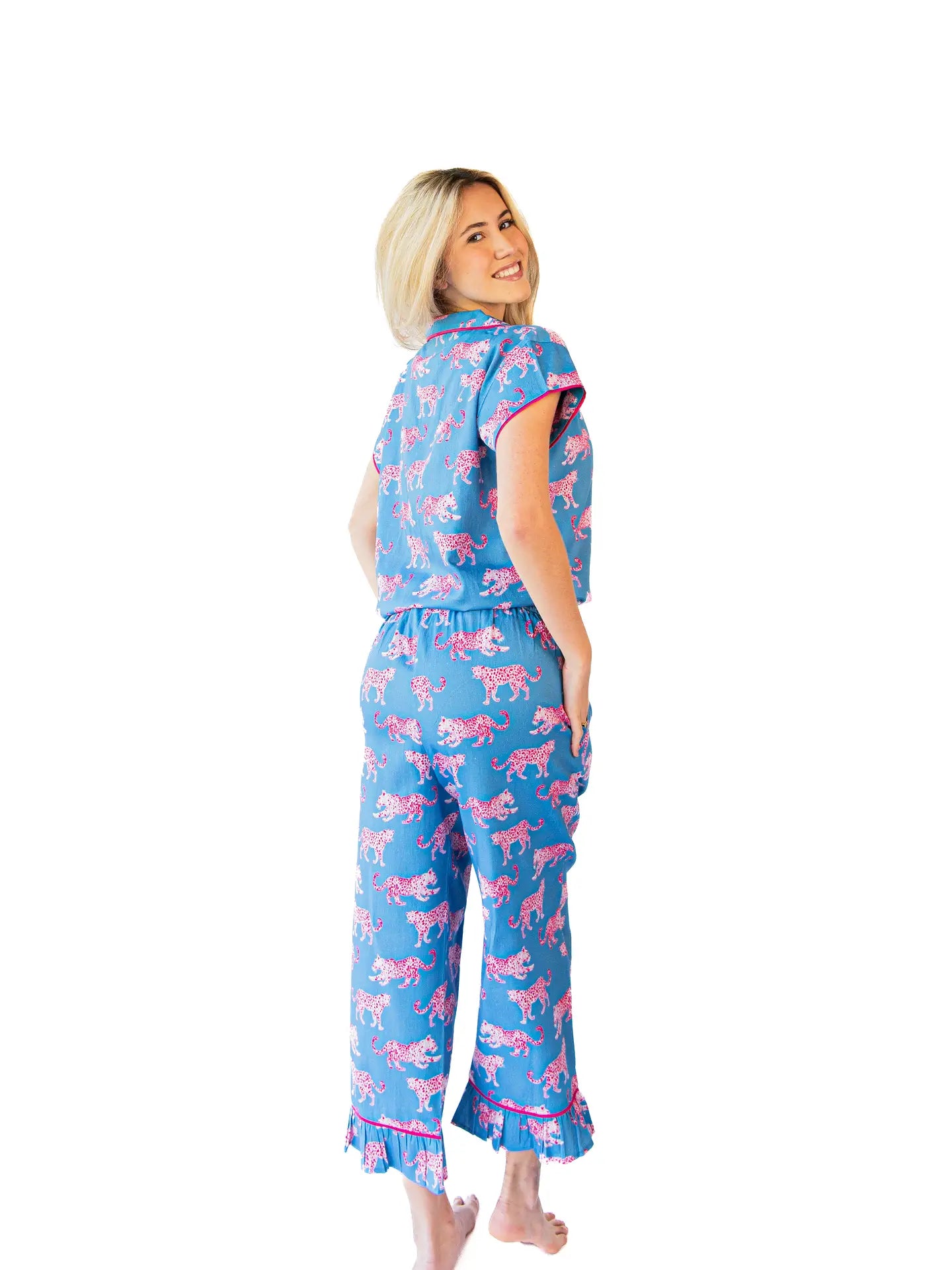 Pink Leopards Luxe Sateen Capri Pajama Set - Blue & Pink