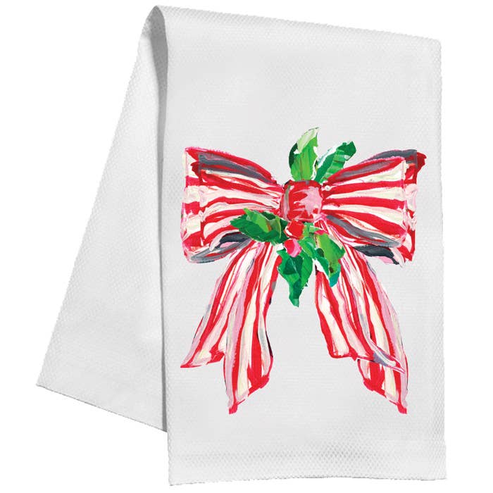 Red and White Striped Bow With Holly Kitchen Towel