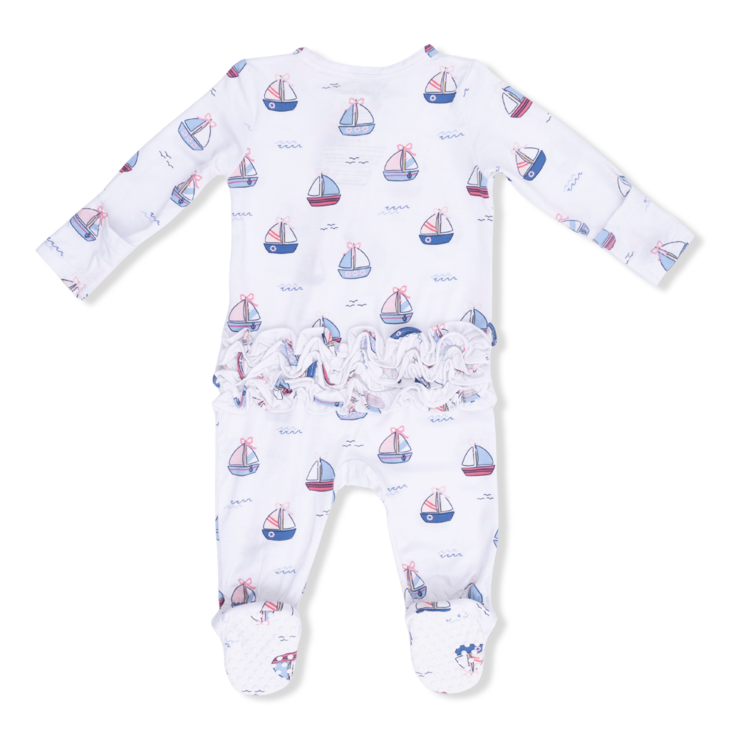 Bubbly Sailboats Pink - 2 Way Ruffle Back Zipper Footie