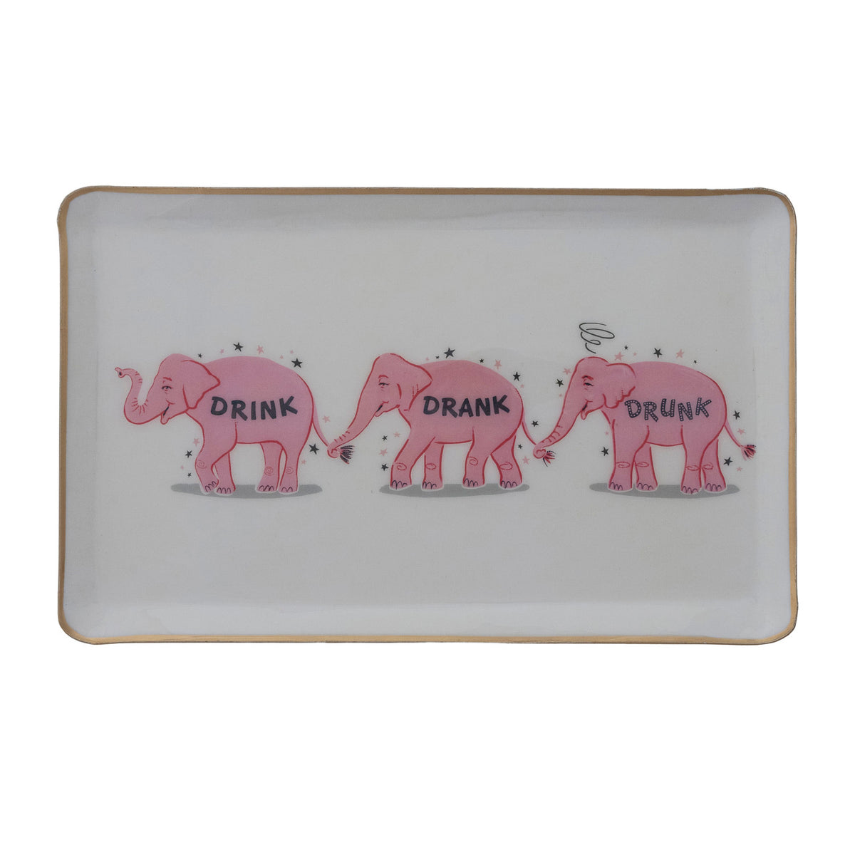 Pink Elephants & Gold Edge "Drink, Drank, Drunk" ©Enameled Metal Tray with
