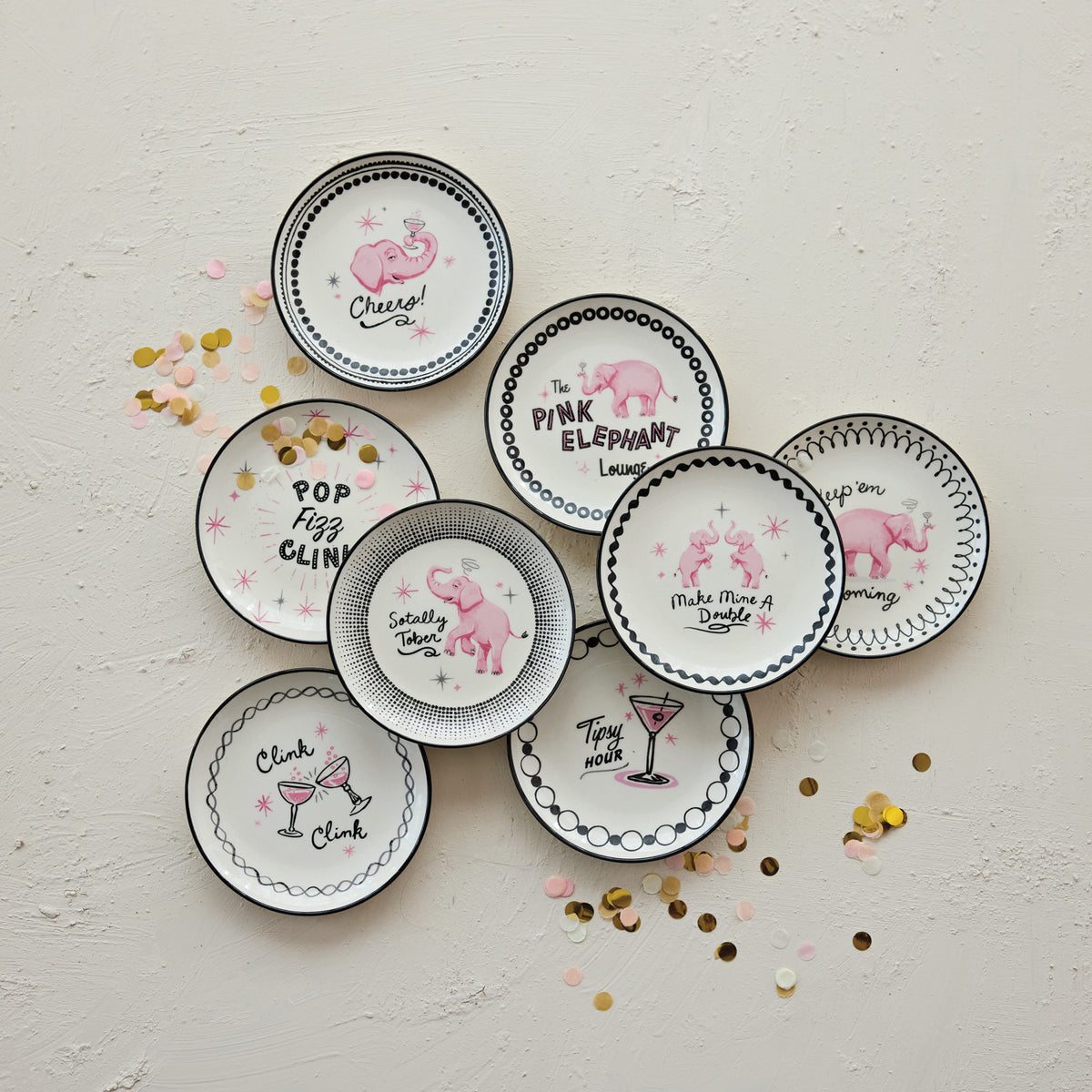 Hand-Painted Stoneware Dish with Pink Elephants/Cocktail Glasses & Saying, 8 Styles ©