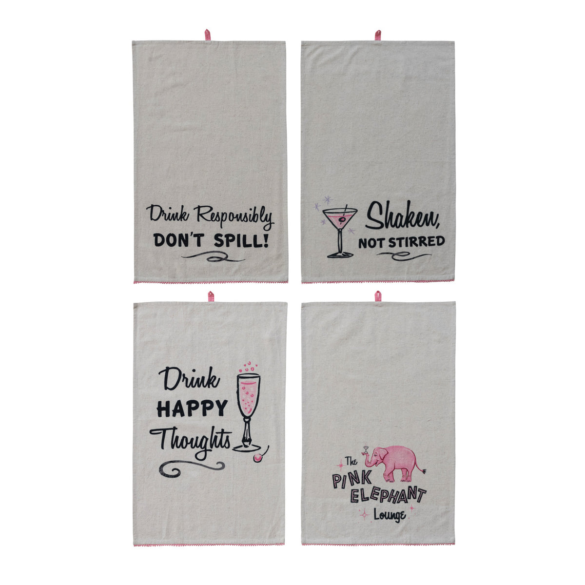 Cotton & Linen Printed Tea Towel with Cocktail Saying & Mini Pom Pom Trim, 4 Styles priced each