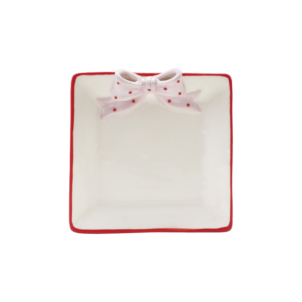 Hand-Painted Stoneware Dish with 3D Polka Dot Bow & Colored Edge, White