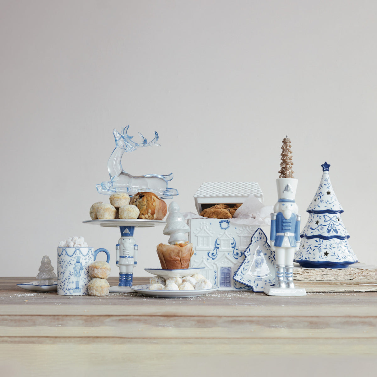 Ceramic House Shaped Cookie Jar with Stars, Wreath & Design, White & Blue