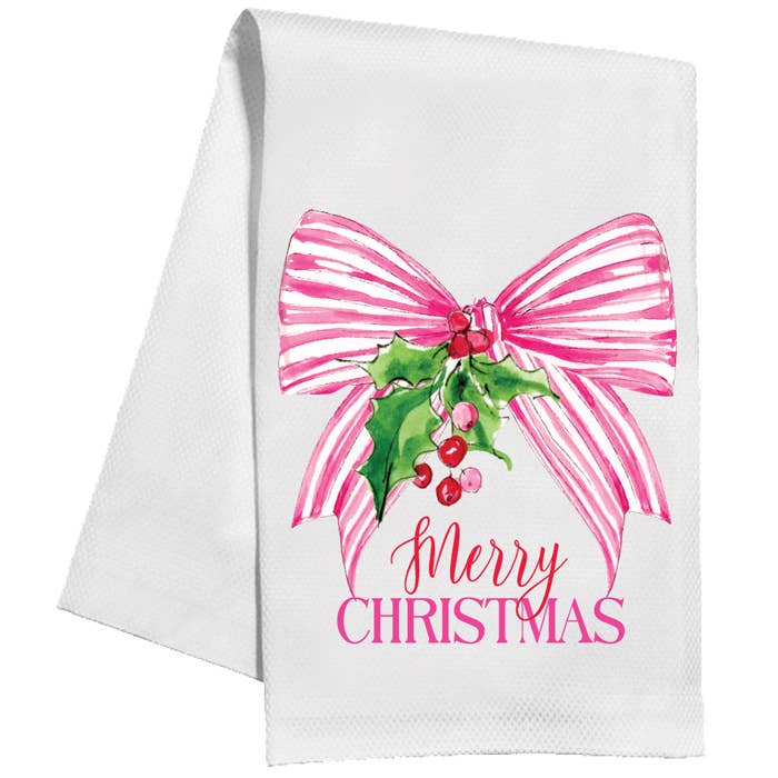 Merry Christmas Pink Striped Bow Kitchen Towel