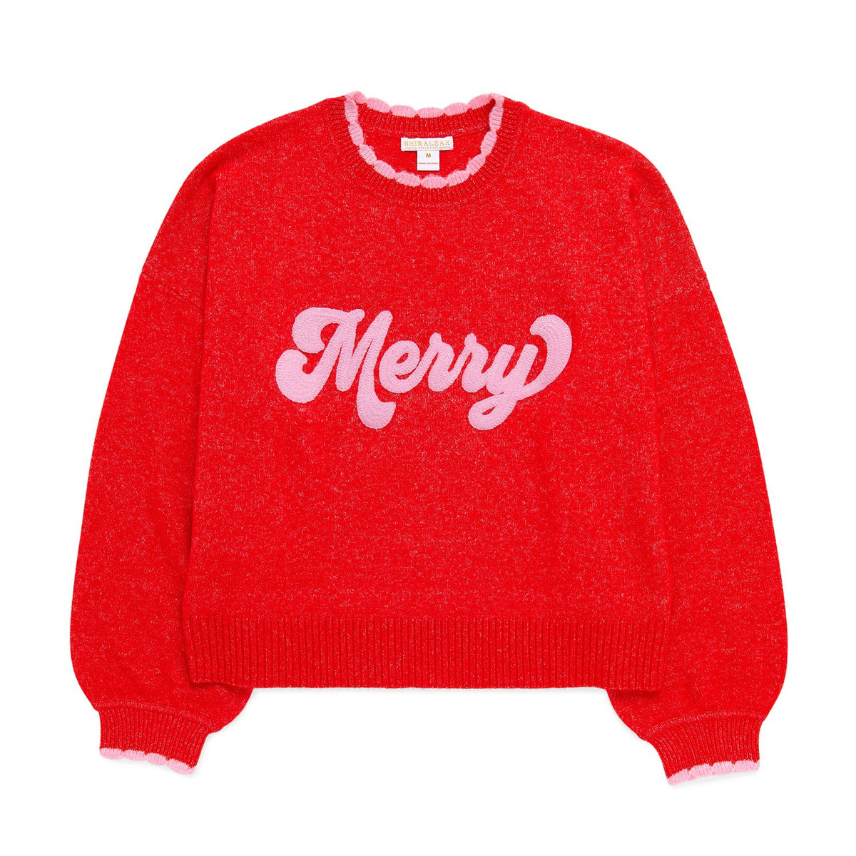 XS "MERRY" SCALLOP TRIM RELAXED SWEATER,RED