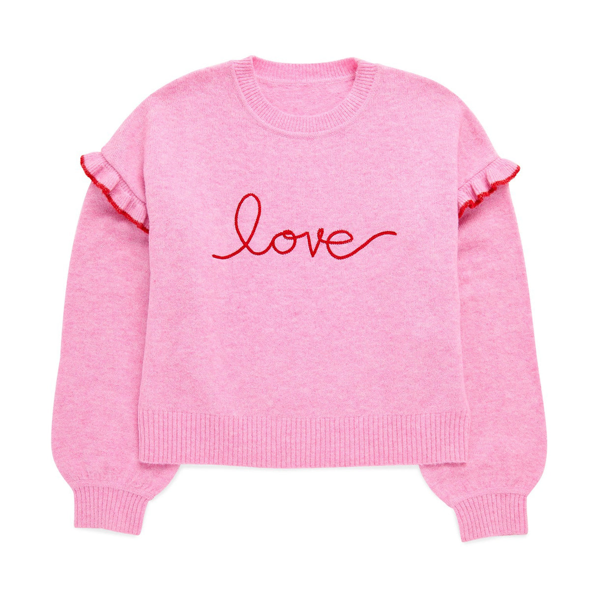 M "LOVE" RUFFLE SLEEVE RELAXED SWEATER,BLUSH