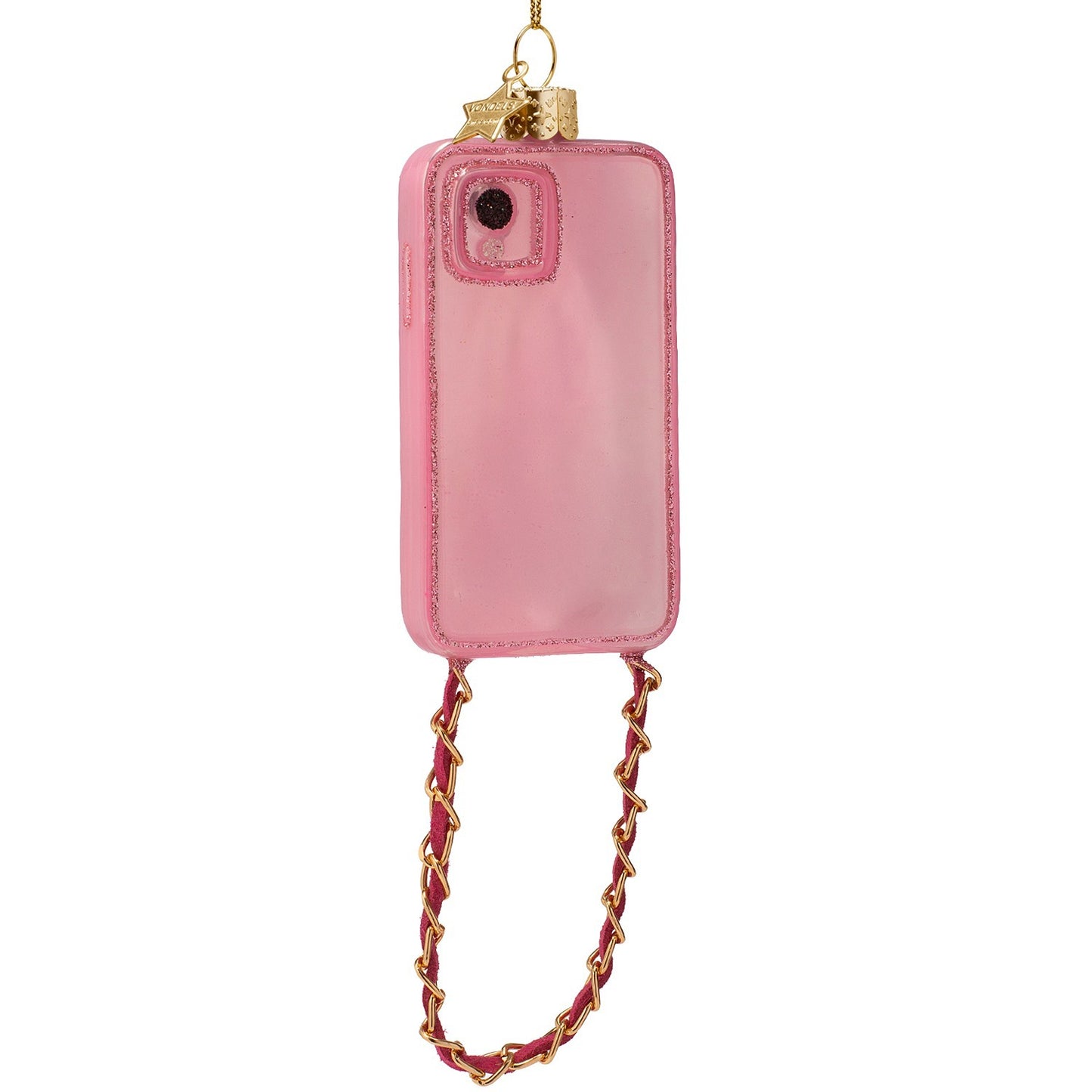 Ornament glass phone pink with chain H4"
