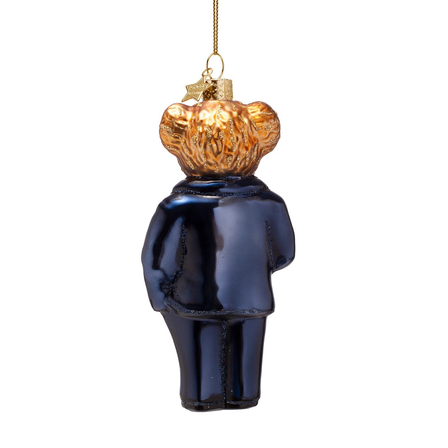 Ornament glass bear blue in clothes H4.5"