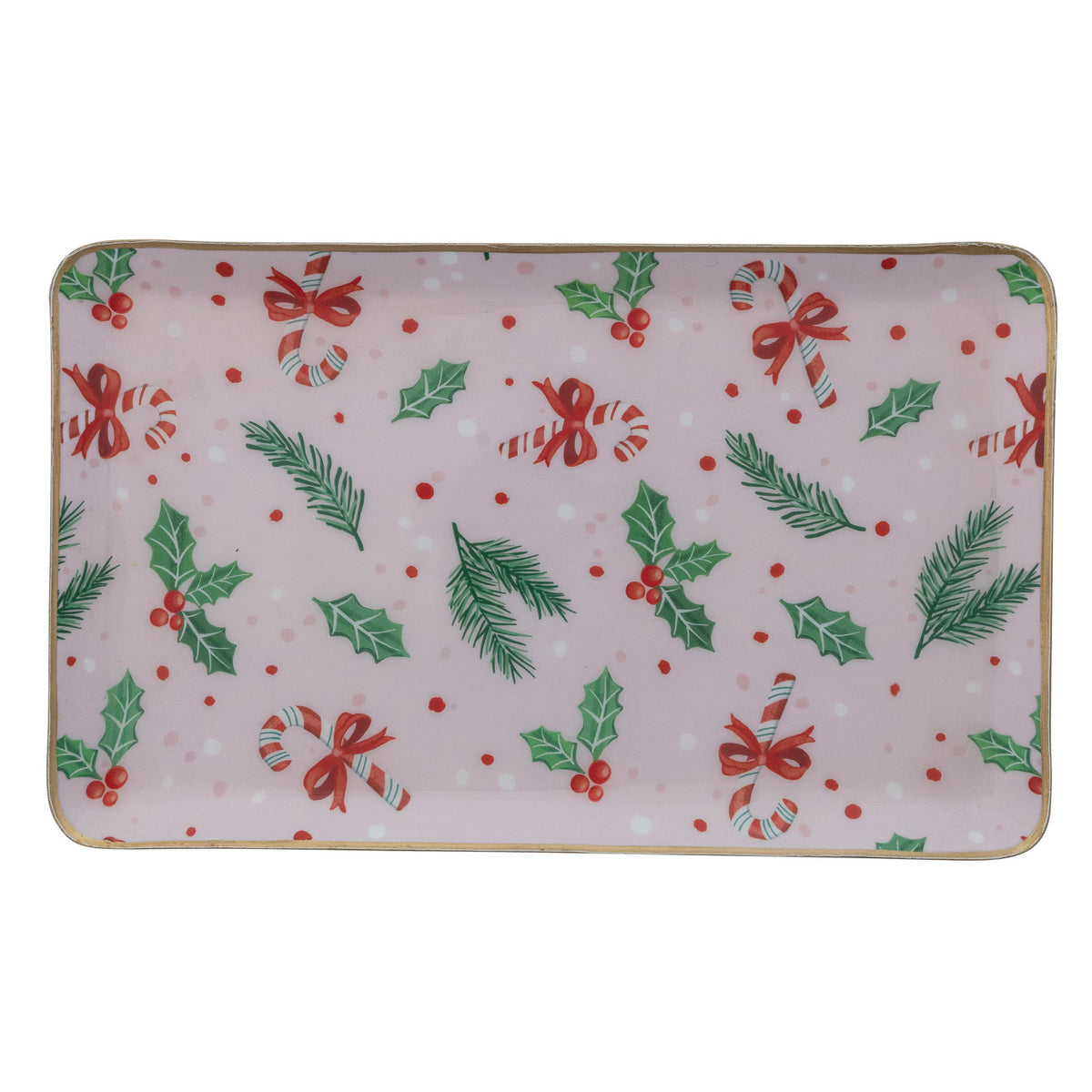 Enameled Metal Tray with Holiday Pattern & Gold Edges ©