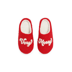 L/XL "VERRY MERRY" SLIPPERS ,RED