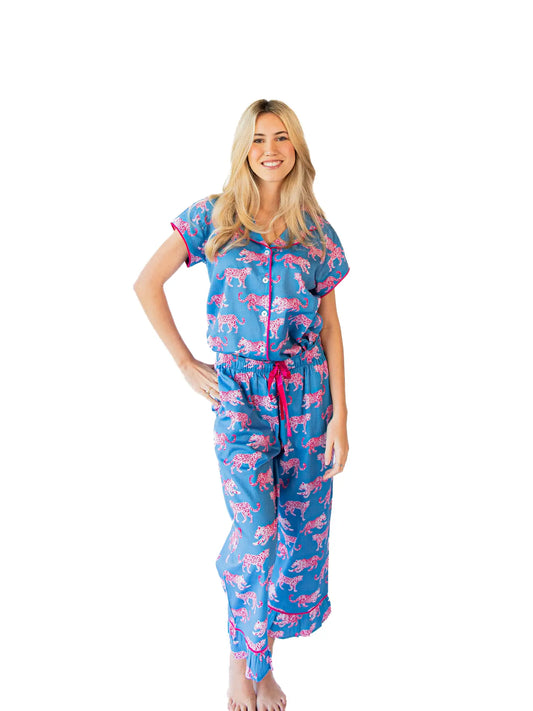 Pink Leopards Luxe Sateen Capri Pajama Set - Blue & Pink