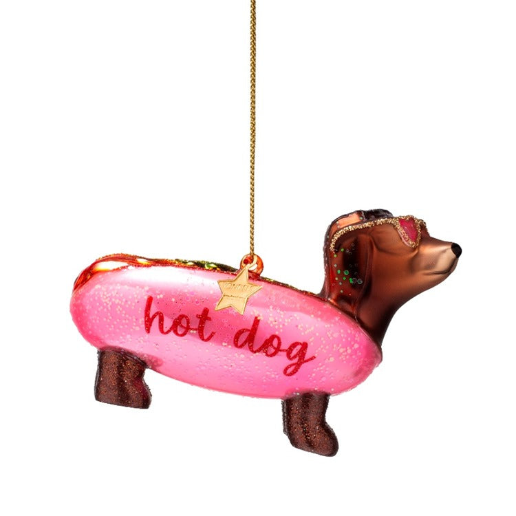 Ornament glass bubblegum pink hotdog dachshund