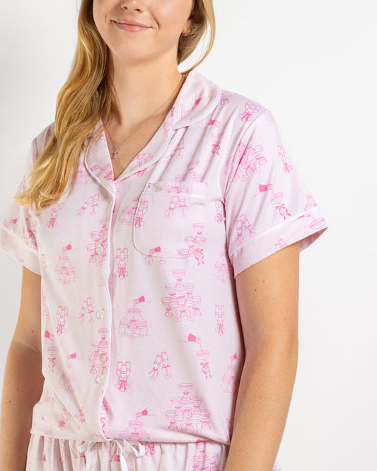 Pop the Bubbly Short Sleeve Button Up Sleep Shirt and pant set