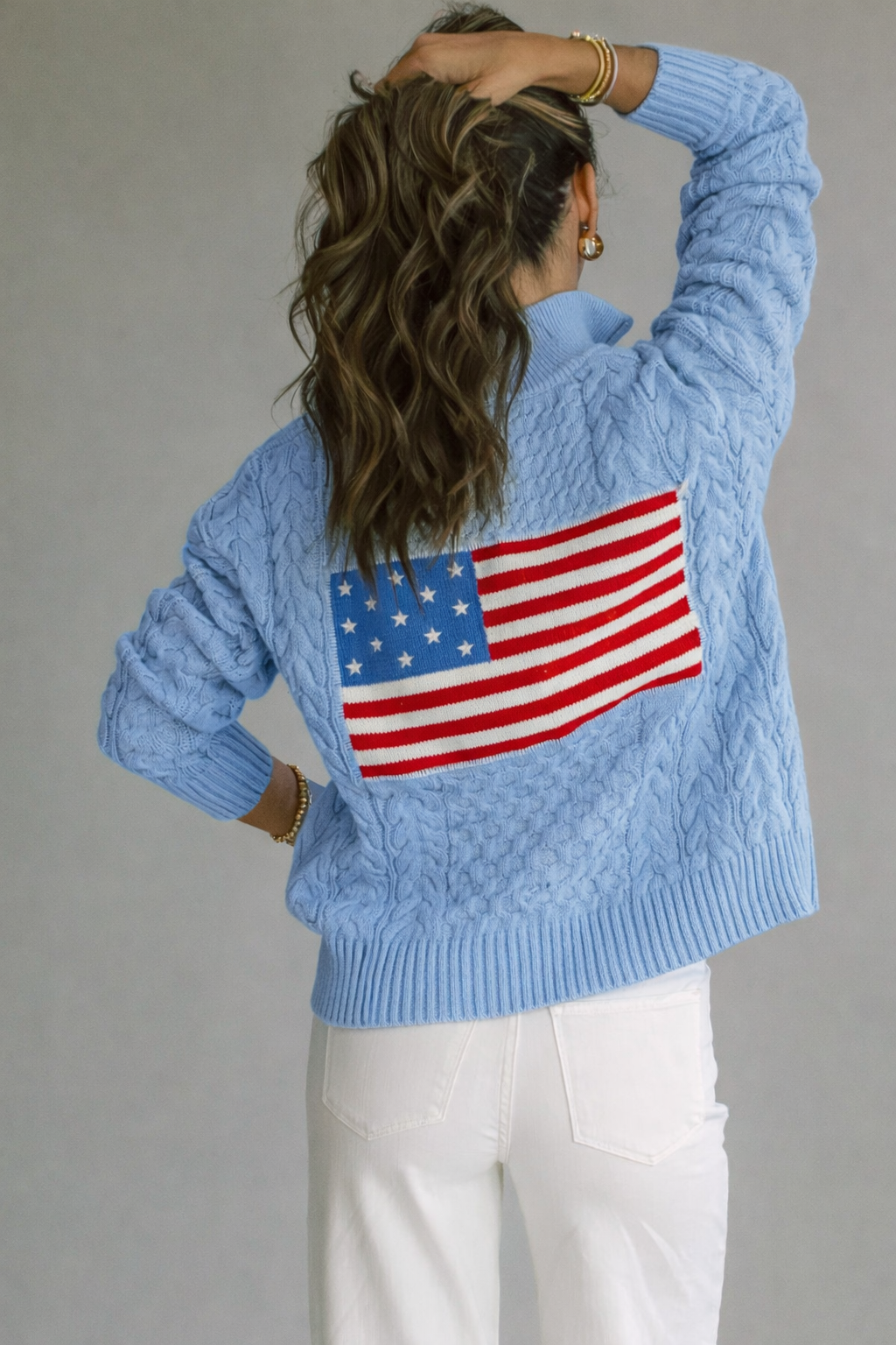 Flag 1/2 Zip Cable Sweater in French Blue