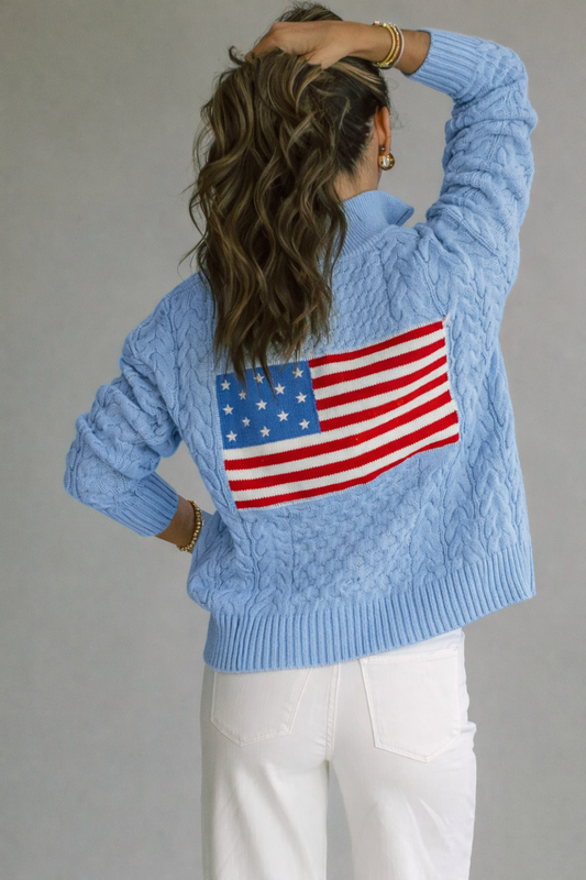Flag 1/2 Zip Cable Sweater in French Blue