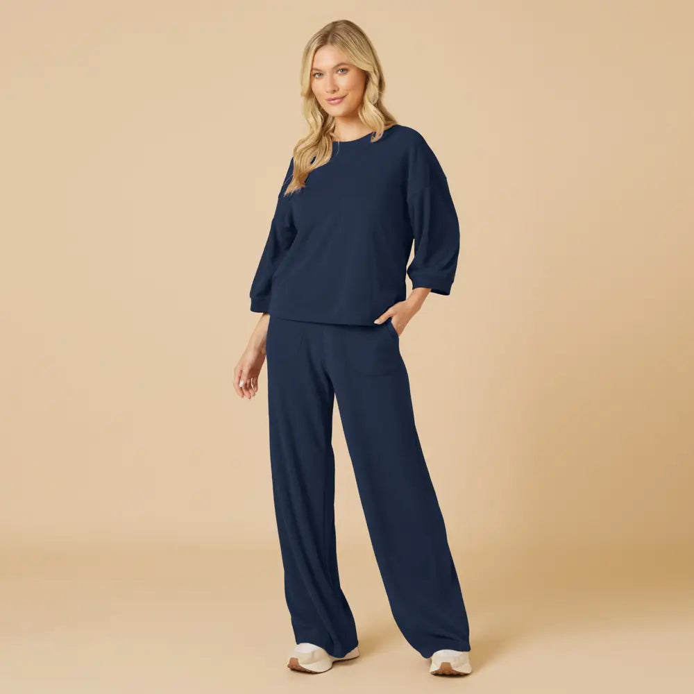 Women’s Summer Terry Cropped Sleeve Crew & Wide Leg Pant Set