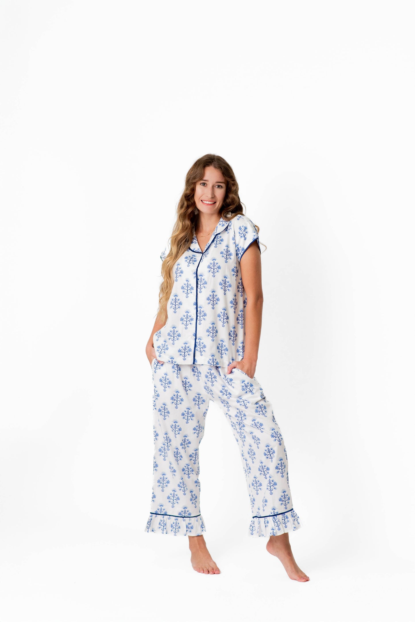 Marigold Luxe Sateen Capri Pajama Set - Blue - w/monogram