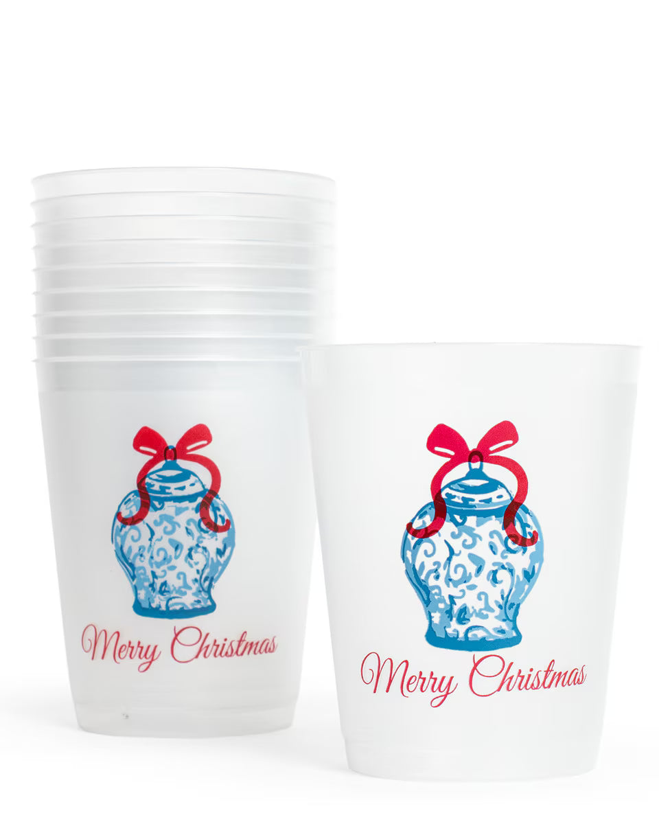 Chinoiserie Merry Christmas Party Cups Frosted 16oz. Set of 10