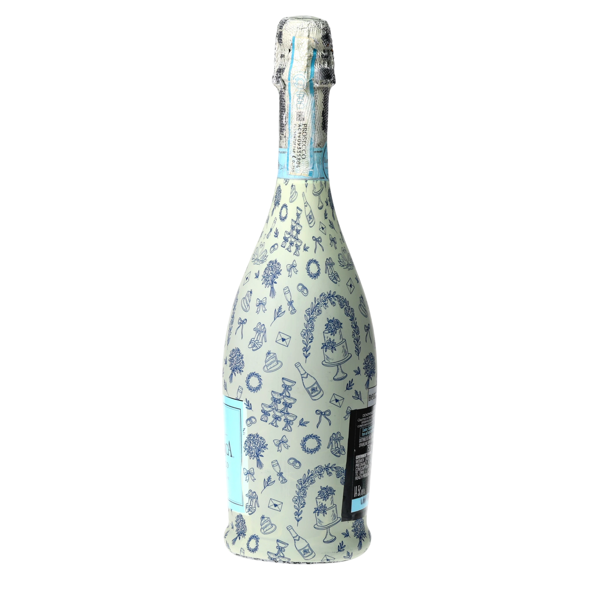 Blue Wedding Toile Prosecco Bottle Wrap
