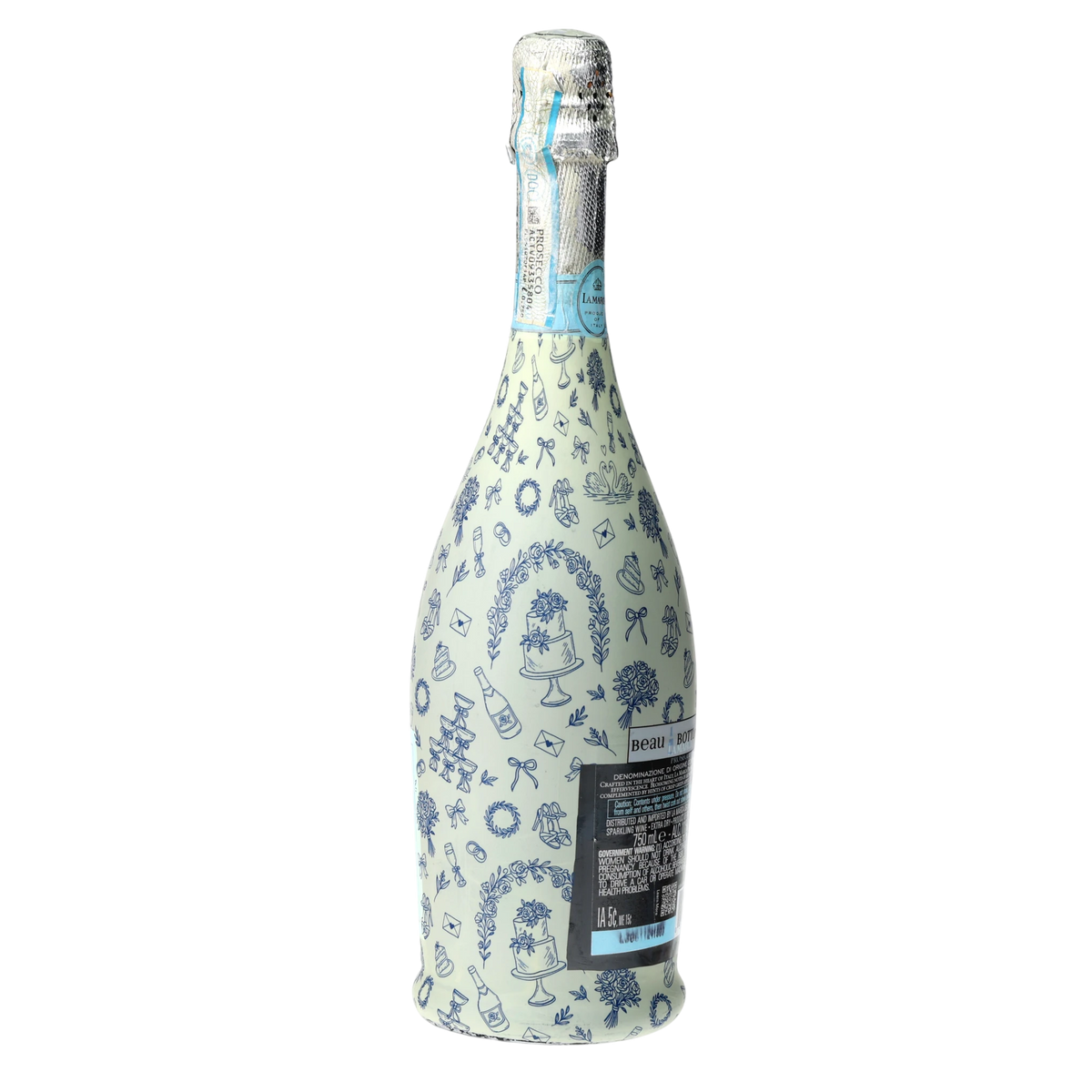 Blue Wedding Toile Prosecco Bottle Wrap