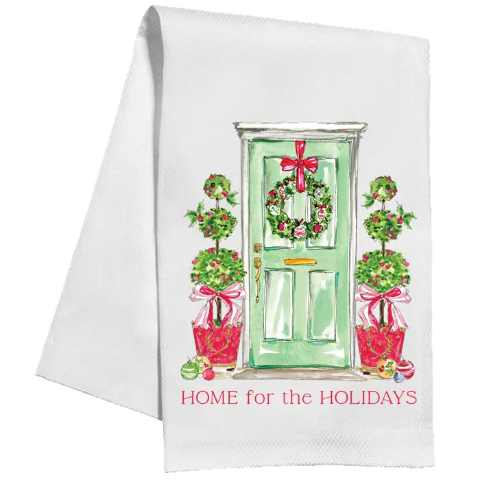 Home For the Holidays Green Door with Wreath Kitchen Towel