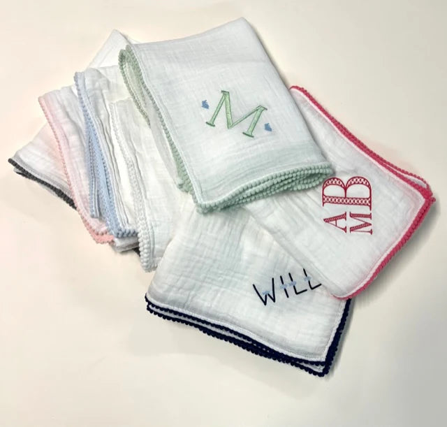 Muslin w/ pom trim Blanket w/ monogram