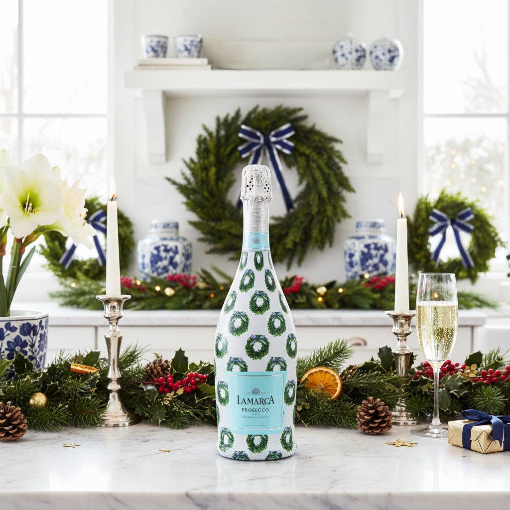 WH Hostess Boxwood Wreaths Prosecco Bottle Wrap