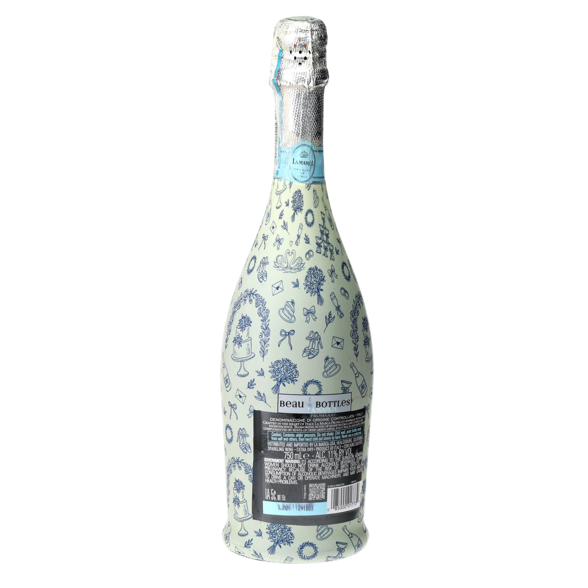 Blue Wedding Toile Prosecco Bottle Wrap