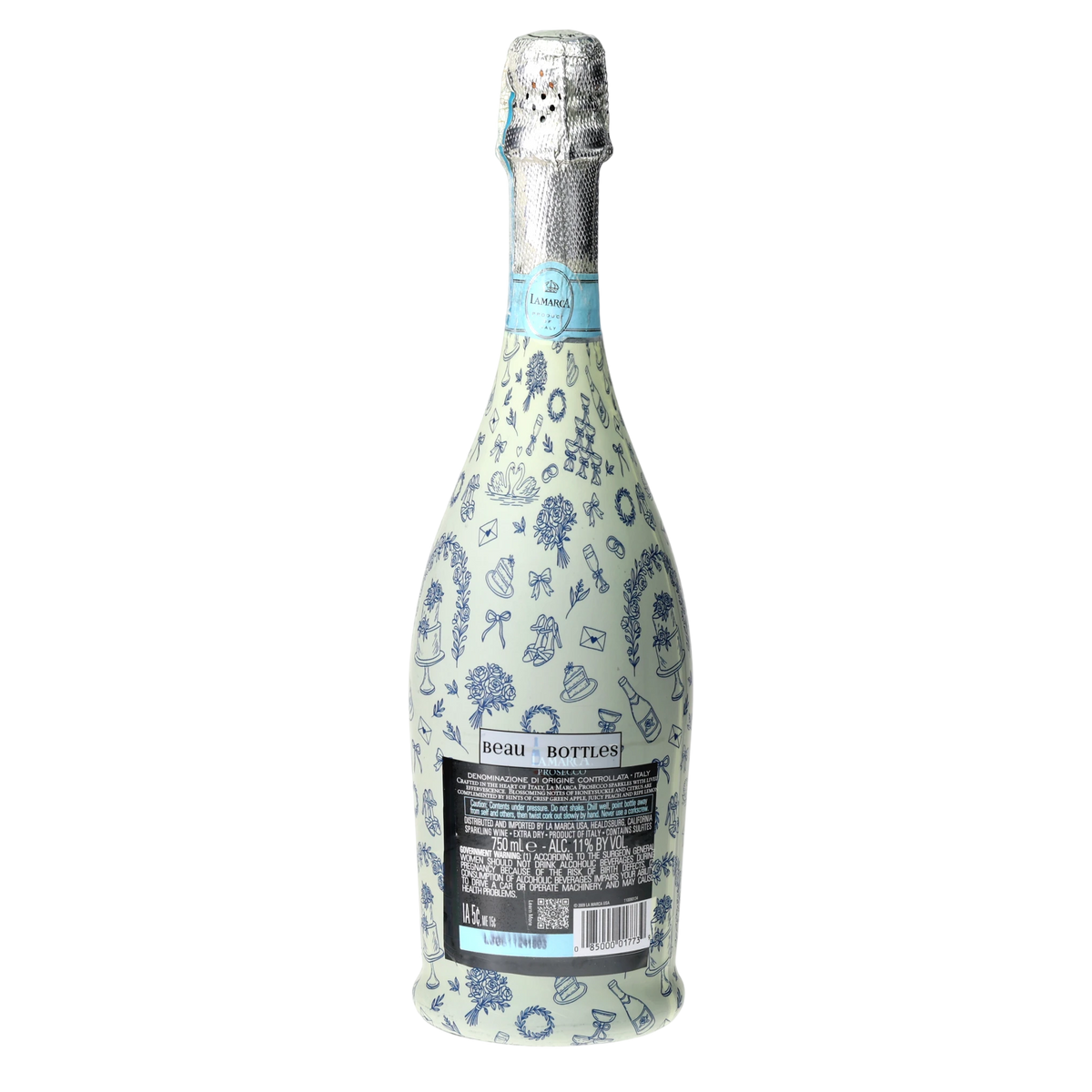 Blue Wedding Toile Prosecco Bottle Wrap