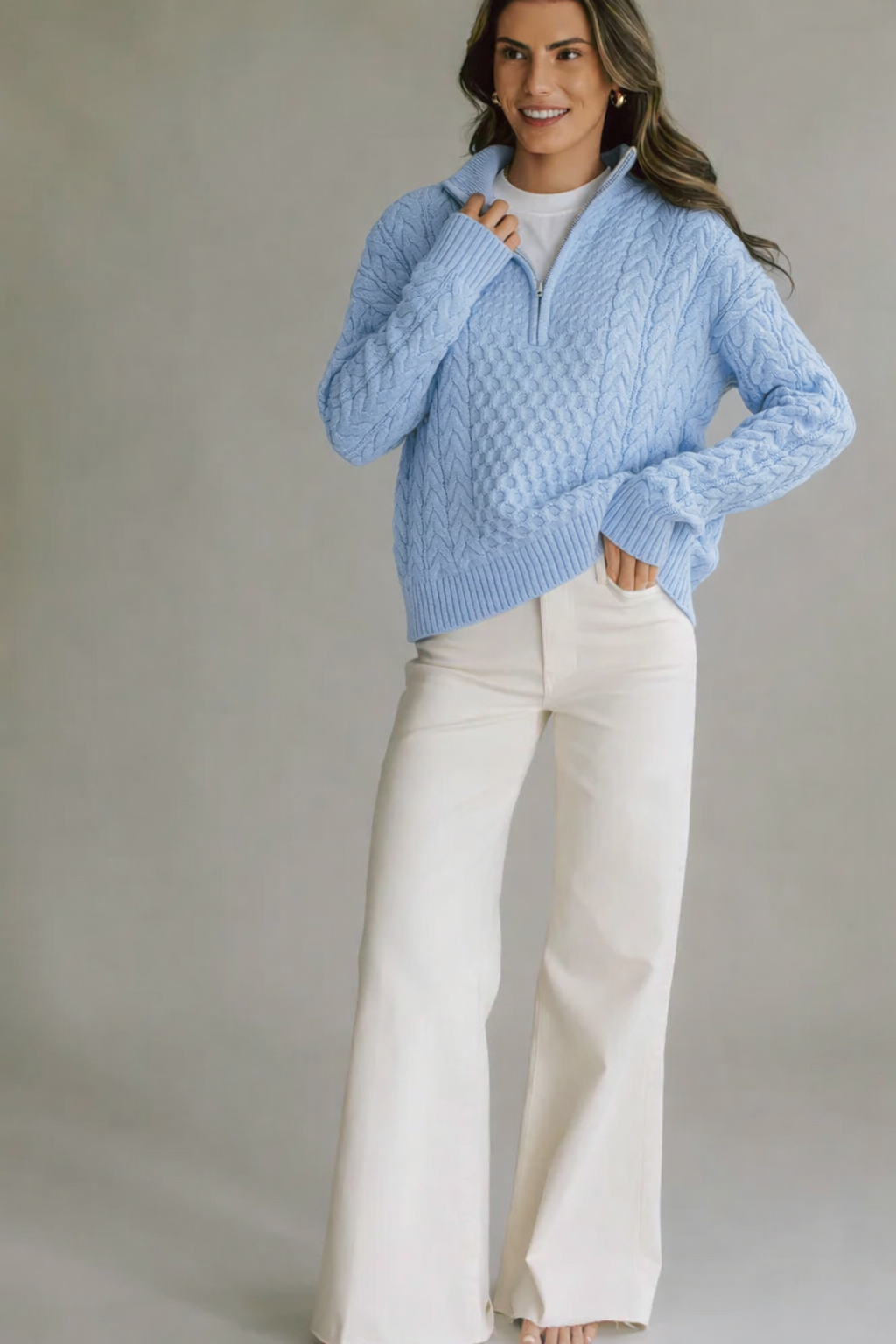 Flag 1/2 Zip Cable Sweater in French Blue