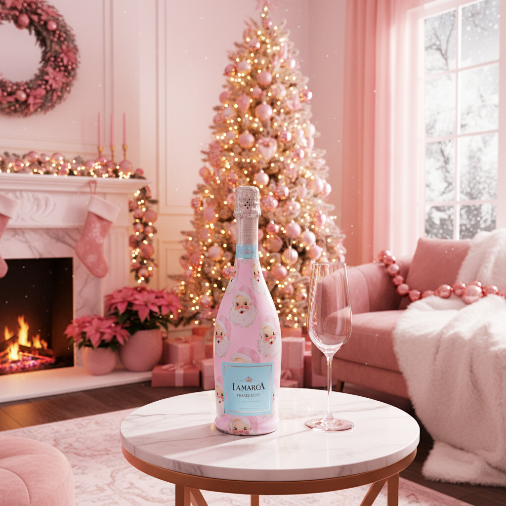Limited Edition Watercolor Pink Santa Prosecco Bottle Wrap