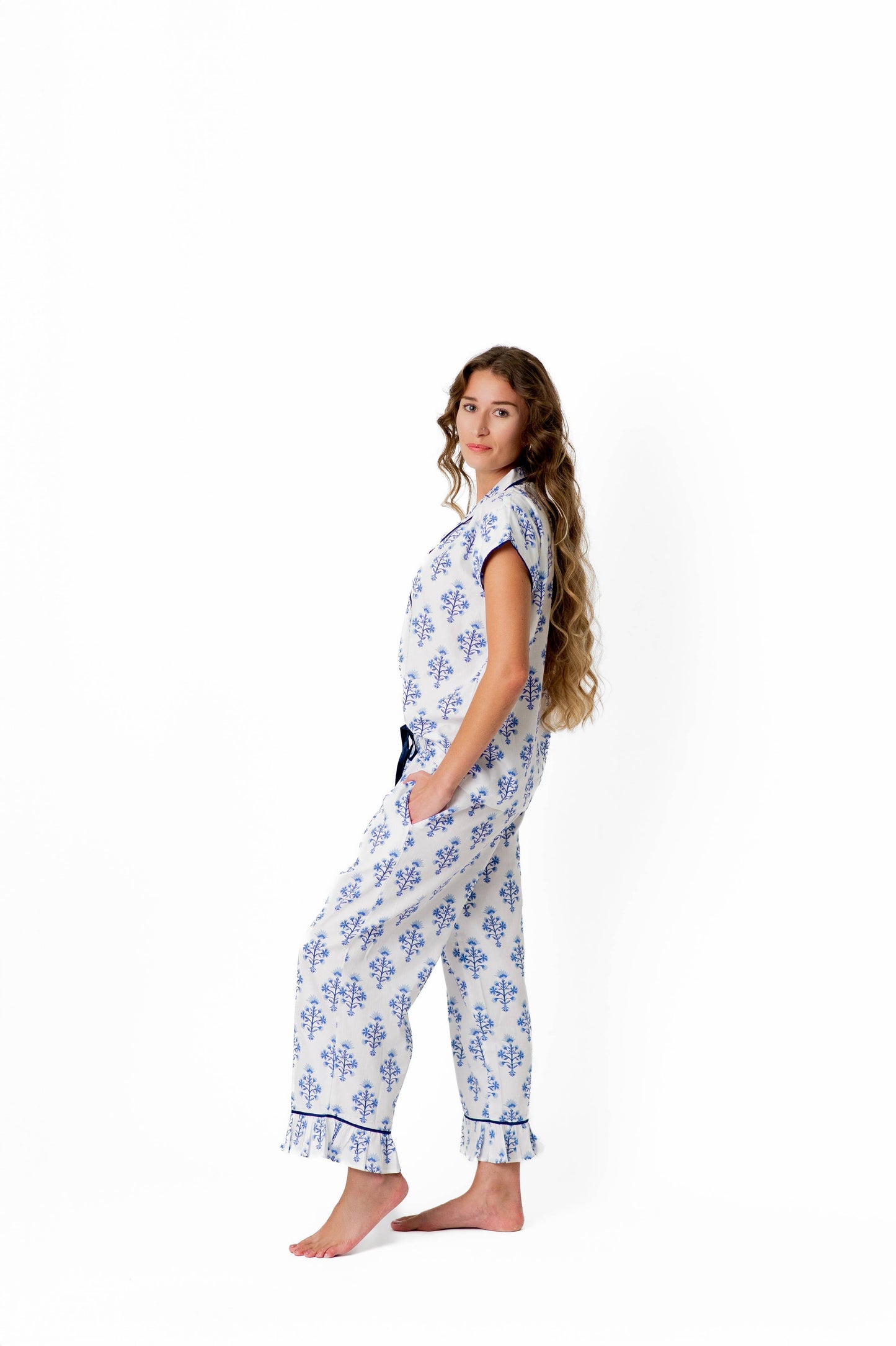 Marigold Luxe Sateen Capri Pajama Set - Blue - w/monogram