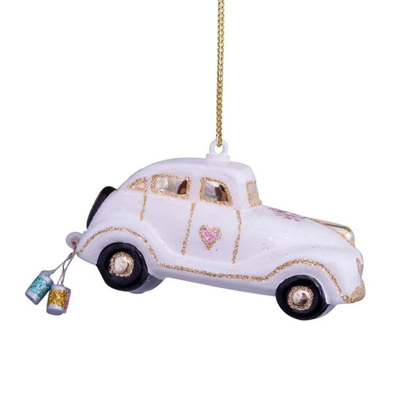 Ornament glass wedding car w/text just married