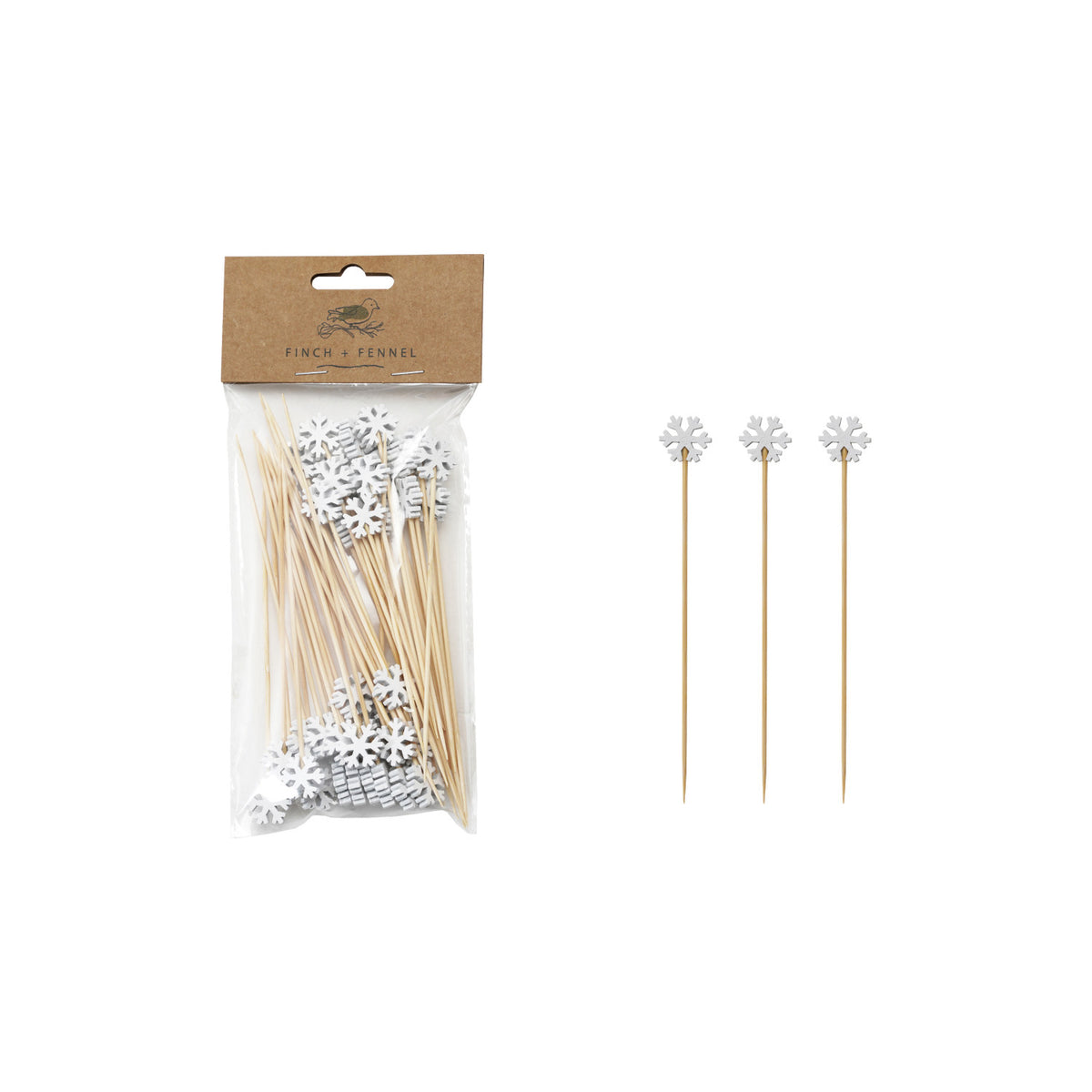 Bamboo Single Use Skewers with Snowflake Shaped Handles, Set of 50