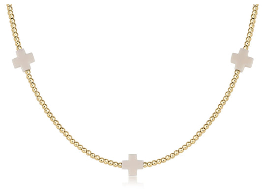 15" Choker Signature Cross Gold Pattern 2mm Bead - Off-White