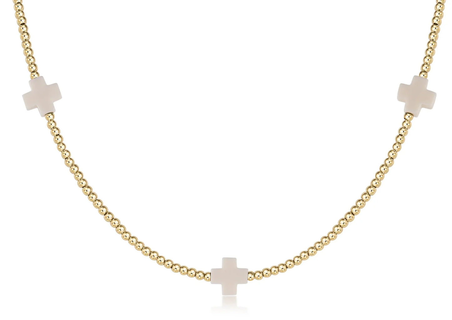 15" choker signature cross gold pattern 2mm bead - off white