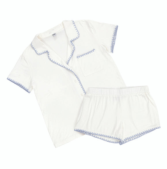 Short Bamboo PJ Set - White + Spa Blue Whip Stitch