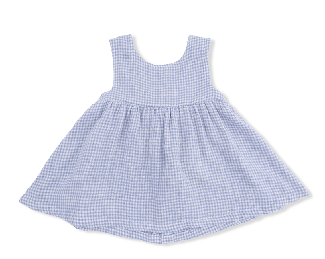 Micro Gingham Blue Blizzard - Infant Dress With Bow And Bloomer