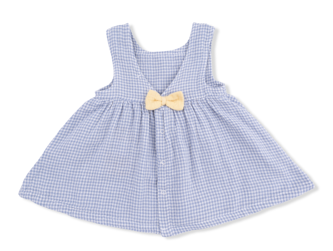 Micro Gingham Blue Blizzard - Infant Dress With Bow And Bloomer