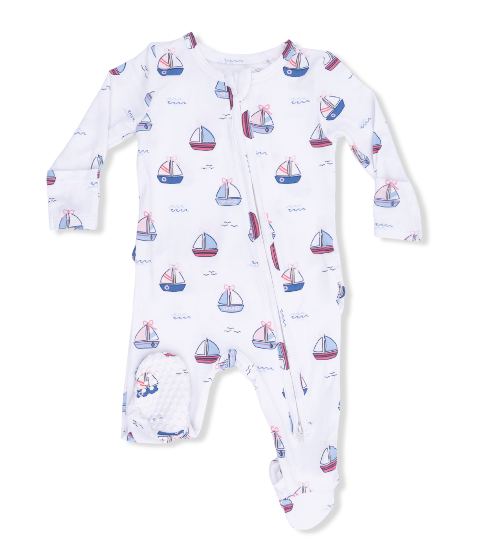 Bubbly Sailboats Pink - 2 Way Ruffle Back Zipper Footie