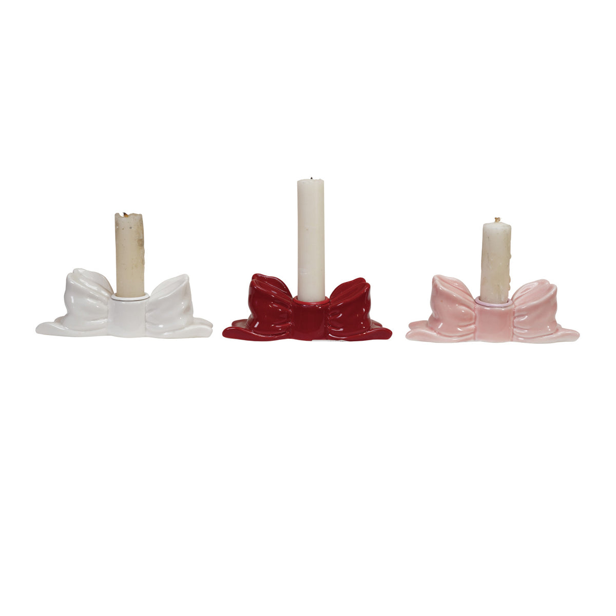 5"W x 2"H Stoneware Bow Shaped Taper Holder, 3 Colors