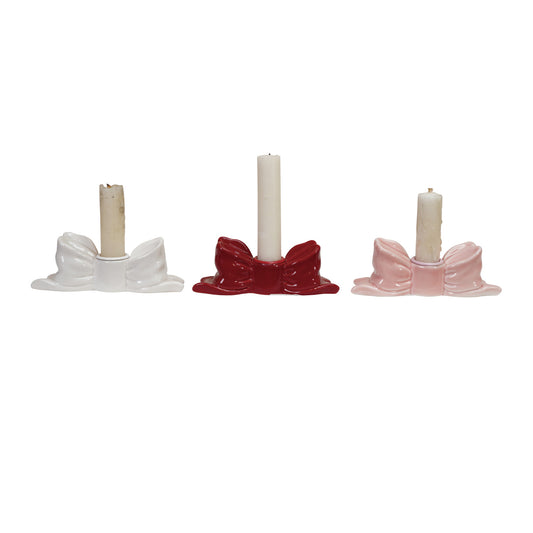 5"W x 2"H Stoneware Bow Shaped Taper Holder, 3 Colors