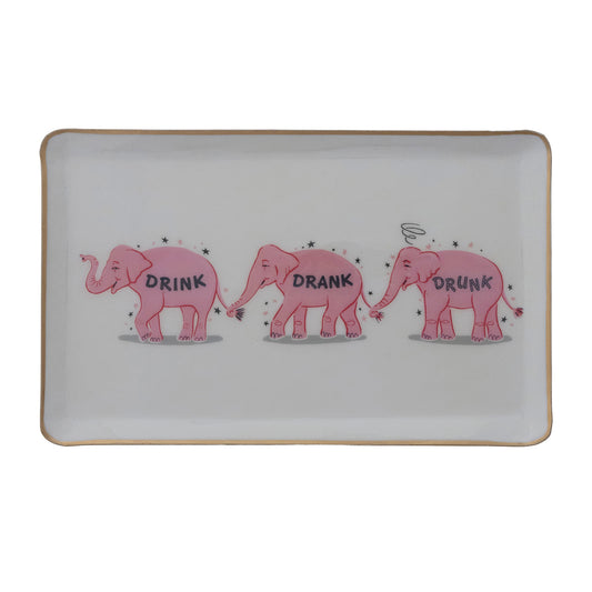 Pink Elephants & Gold Edge "Drink, Drank, Drunk" ©Enameled Metal Tray with