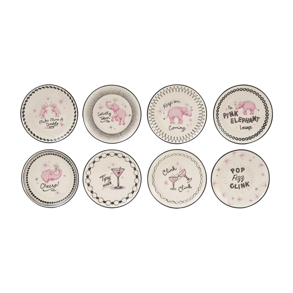 Hand-Painted Stoneware Dish with Pink Elephants/Cocktail Glasses & Saying, 8 Styles ©