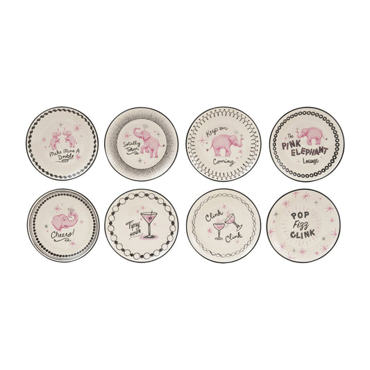 Hand-Painted Stoneware Dish with Pink Elephants/Cocktail Glasses & Saying, 8 Styles ©