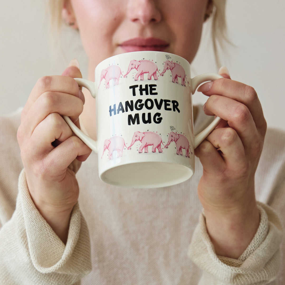 12 oz. Stoneware Mug with Double Handles & Pink Elephants "The Hangover Mug" ©
